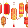 Traditional Red Chinese Lanterns With Various Designs And Golden Accents Hanging Decor