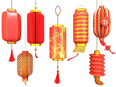 Traditional Red Chinese Lanterns With Various Designs And Golden Accents Hanging Decor 3d model