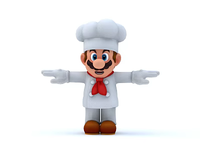 Game Character Mario in Chef Uniform With White Hat and Red Bow Tie 3d model