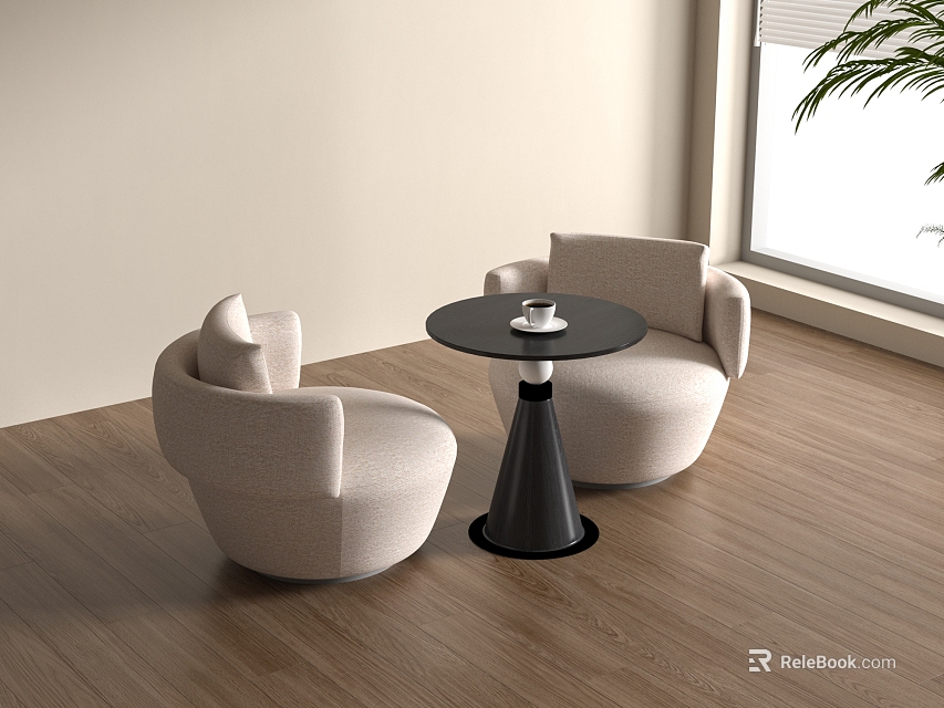 Modern Beige Armchairs with Black Round Table in Wooden Floor Room and Window Plant 3d model 