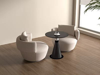 Modern Beige Armchairs with Black Round Table in Wooden Floor Room and Window Plant 3d model