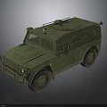 Green Military Off-Road Vehicle with Mounted Machine Gun on Roof Large Tires and Armored Body