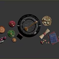 Assorted Daily Living Items With Black Cauldron Clay Pots Egg Basket Scroll And Mushrooms