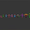 Colorful Cartoon Game and Movie Characters in a Row with Varied Colors and Holding Objects