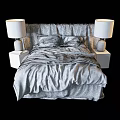 Double Bed with Dark Blue Linen Sheets Brown Blanket and Wooden Nightstands White Lamps