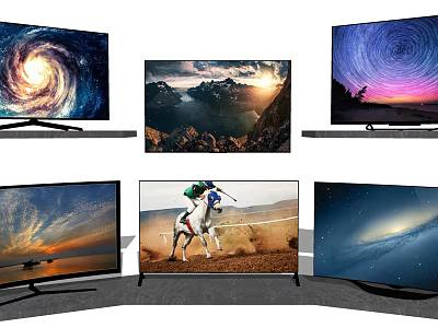 Multiple Modern Televisions Displaying Various Vivid Scenic Views On Sleek Stands 3d model