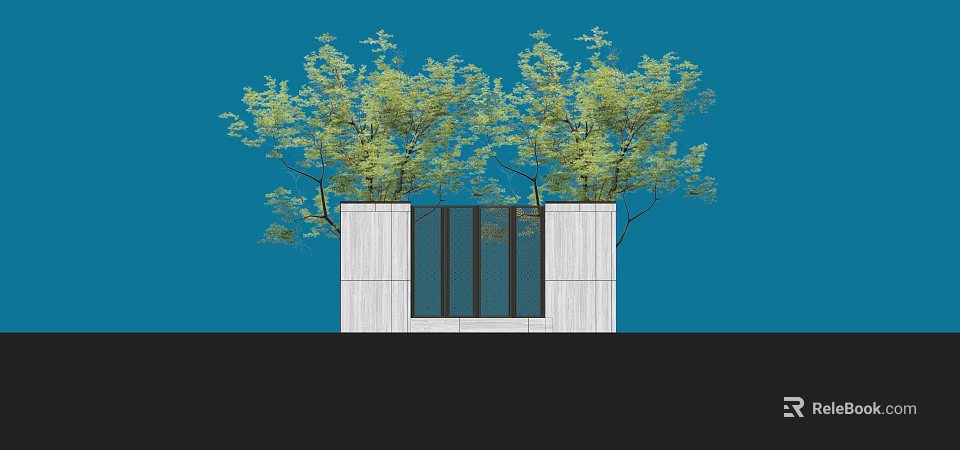 Modern Glass Entrance Gate With White Wall And Green Trees Under Blue Sky 3d model 