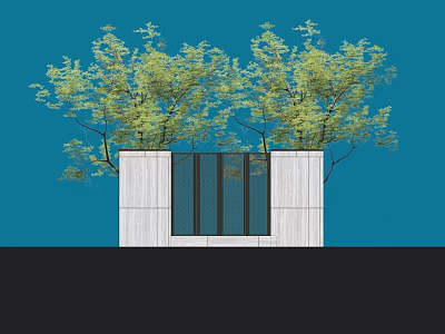 Modern Glass Entrance Gate With White Wall And Green Trees Under Blue Sky 3d model