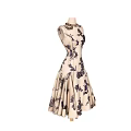 Beige Sleeveless Dress With Dark Floral Patterns And Fitted Waist Flared Skirt On Mannequin