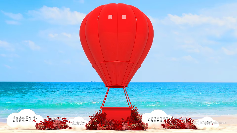 Red Hot Air Balloon Beach Photo Spot with Blue Sea and Red Flowers 3d model 