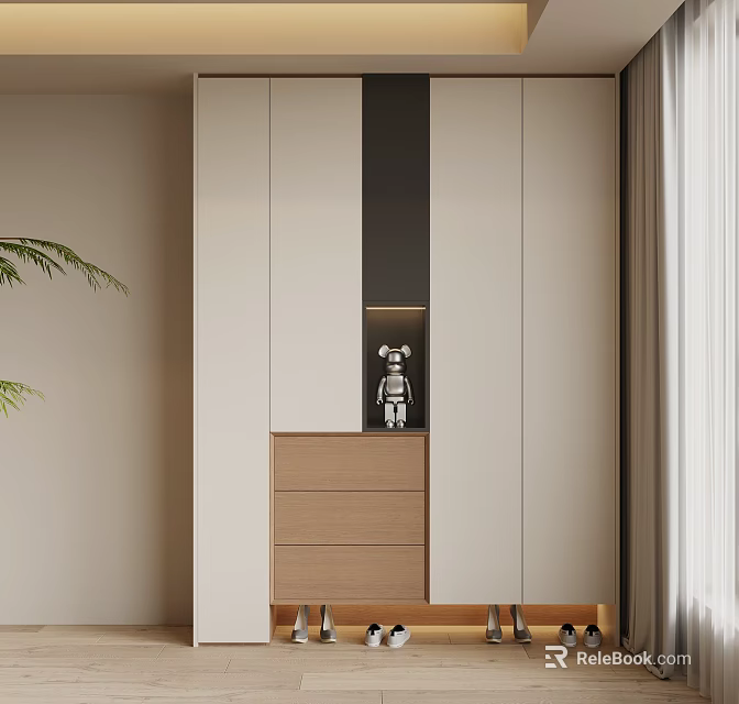 Modern Shoe Cabinet With White Light Wood Design Drawers And Decorative Figurine 3d model 