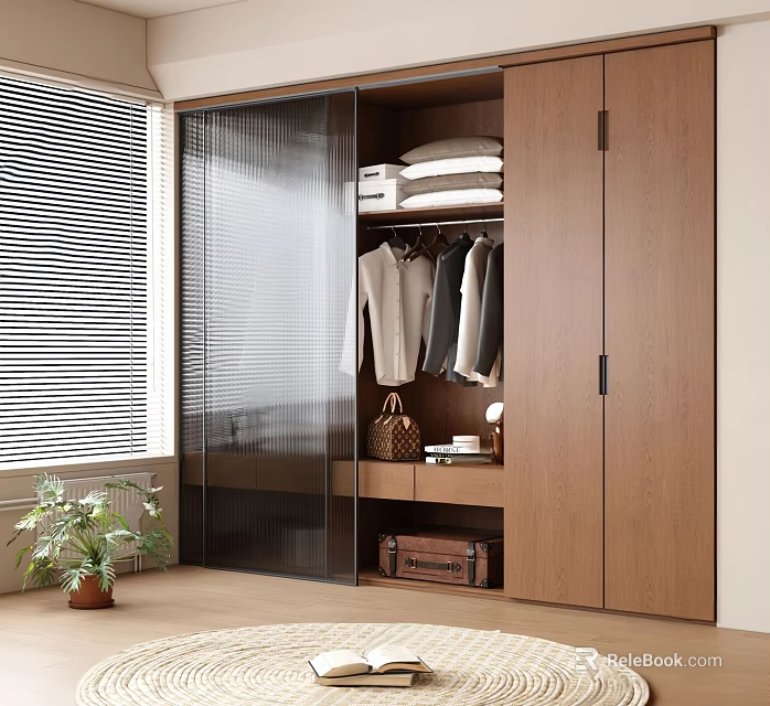 Modern Wooden Wardrobe Sliding Door Design With Open Hanging Clothes And Storage Space 3d model 