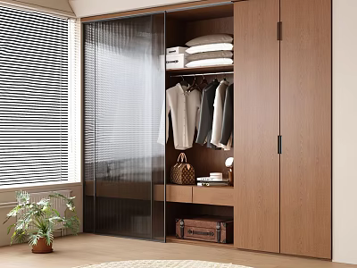 Modern Wooden Wardrobe Sliding Door Design With Open Hanging Clothes And Storage Space 3d model
