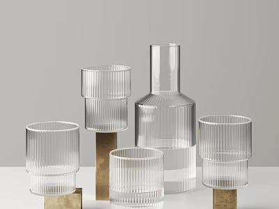 Transparent Glass Vases With Golden Bases And Various Shapes For Fresh Flowers On White Tabletop 3d model