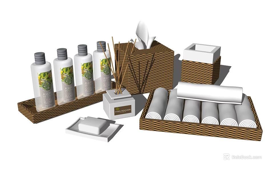 Stylish Bathroom Accessories With Wicker Holders Soap Bottles Rolled Towels And Fragrance Sticks 3d model 