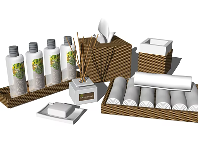 Stylish Bathroom Accessories With Wicker Holders Soap Bottles Rolled Towels And Fragrance Sticks 3d model
