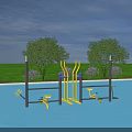 Outdoor Sports Equipment With Blue Floor Yellow Purple Fitness Gear Green Grass Trees And Purple Flower Bushes