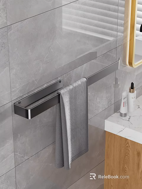Modern Bathroom Accessory Arrangement With Metal Towel Rack Gray Towel Marble Countertop And Skincare Products 3d model 
