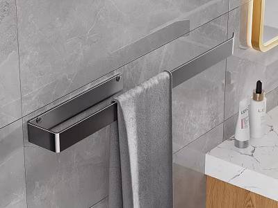 Modern Bathroom Accessory Arrangement With Metal Towel Rack Gray Towel Marble Countertop And Skincare Products 3d model
