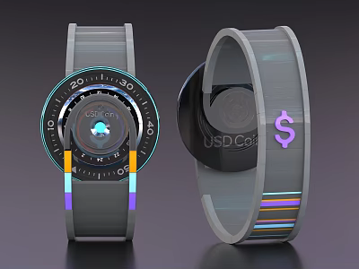 Smart Watch With Garmin Brand Digital Dial USD Coin Symbol Gray Strap And Colorful Stripes 3d model
