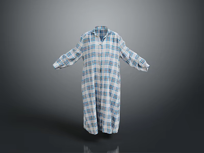 Blue White Plaid Long Sleeve Loose Fit Shirt Style Comfortable Home Wear Robe 3d model