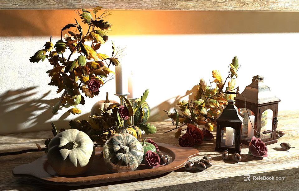 Autumn Themed Decorative Ornament Set With Pumpkins Leaves Candles Lantern And Roses 3d model 