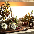 Autumn Themed Decorative Ornament Set With Pumpkins Leaves Candles Lantern And Roses