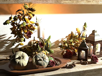 Autumn Themed Decorative Ornament Set With Pumpkins Leaves Candles Lantern And Roses 3d model