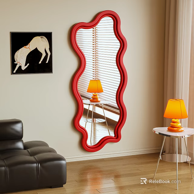 Red Wavy Frame Mirror In Living Room With Black Leather Sofa And Yellow Table Lamp 3d model 