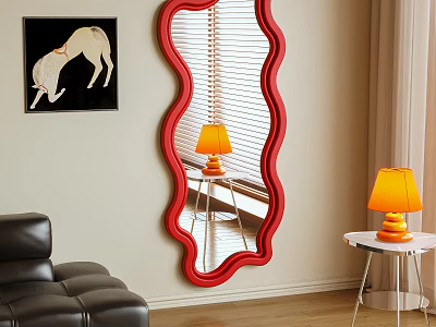Red Wavy Frame Mirror In Living Room With Black Leather Sofa And Yellow Table Lamp 3d model