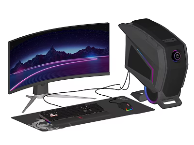 Gaming Desktop PC With Curved Monitor Keyboard Mouse Mouse Pad And RGB Lighting 3d model