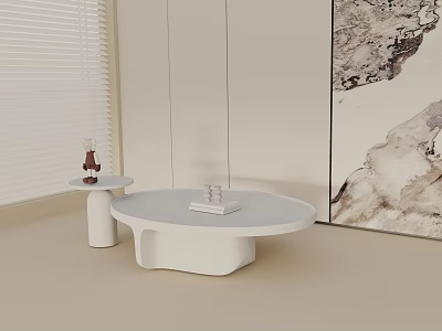 Minimalist White Round Coffee Table with Unique Design and Side Table Decorative Items Blinds 3d model