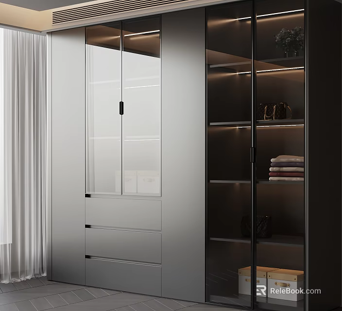 Modern Wardrobe Design With Glass Doors Drawers Lighting And Storage Shelves 3d model 