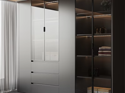 Modern Wardrobe Design With Glass Doors Drawers Lighting And Storage Shelves 3d model