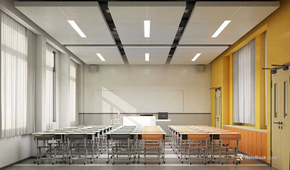 School Classroom with Desks Chairs Ceiling Light Strips White Yellow Walls Windows and Curtains 3d model 