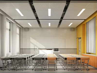 School Classroom with Desks Chairs Ceiling Light Strips White Yellow Walls Windows and Curtains 3d model