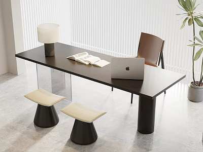 Modern Black Desk With Lamp Open Book Laptop And Beige Stools Brown Chair Potted Plant 3d model