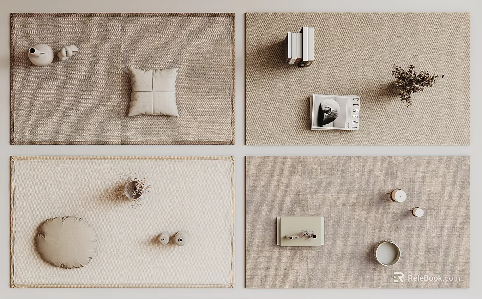 Minimalist Square Rugs with Pillows Books Plants and Small Decor Items in Light Beige Tones 3d model 