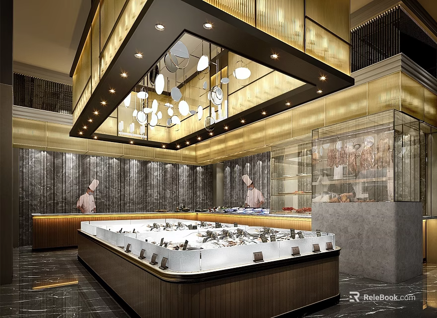 Elegant Modern Restaurant Interior With Stylish Lighting And Decorative Counter 3d model 