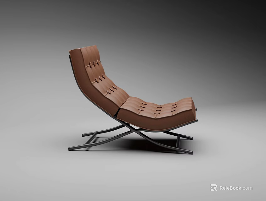 Modern Brown Leather Lounge Chair With Stitched Design And Metal Frame 3d model 