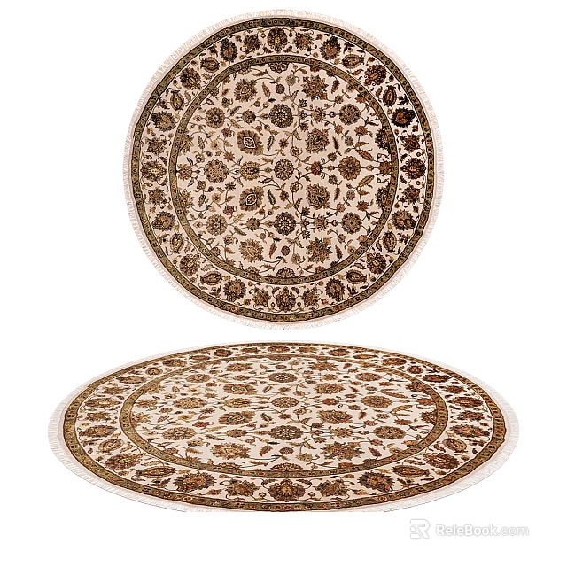 Elegant Traditional Round Rug With Intricate Floral Patterns Ivory Base Brown Accents And Border Design 3d model 