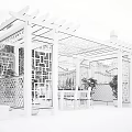 Outdoor Garden Pavilion with Wooden Lattice Structure Table Chairs Stone Wall and White Tile Floor
