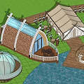 Boutique Homestay Building With Arched Wooden Roof Glass Windows And Waterfront Boardwalk