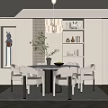 Modern Restaurant Interior With Round Dining Table Upholstered Chairs Pendant Light Decorative Painting And Plants