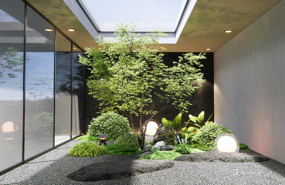 Natural Courtyard Garden Design With Greenery Stones Lighting And Glass Walls 3d model 