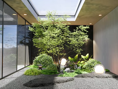 Natural Courtyard Garden Design With Greenery Stones Lighting And Glass Walls 3d model