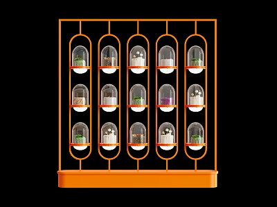 Orange Frame Window Display With Neatly Arranged Transparent Containers And Colored Items 3d model
