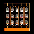 Orange Frame Window Display With Neatly Arranged Transparent Containers And Colored Items