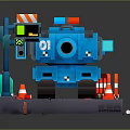 Blue Police Tank Like Car with Traffic Signs Cones and Road Platform