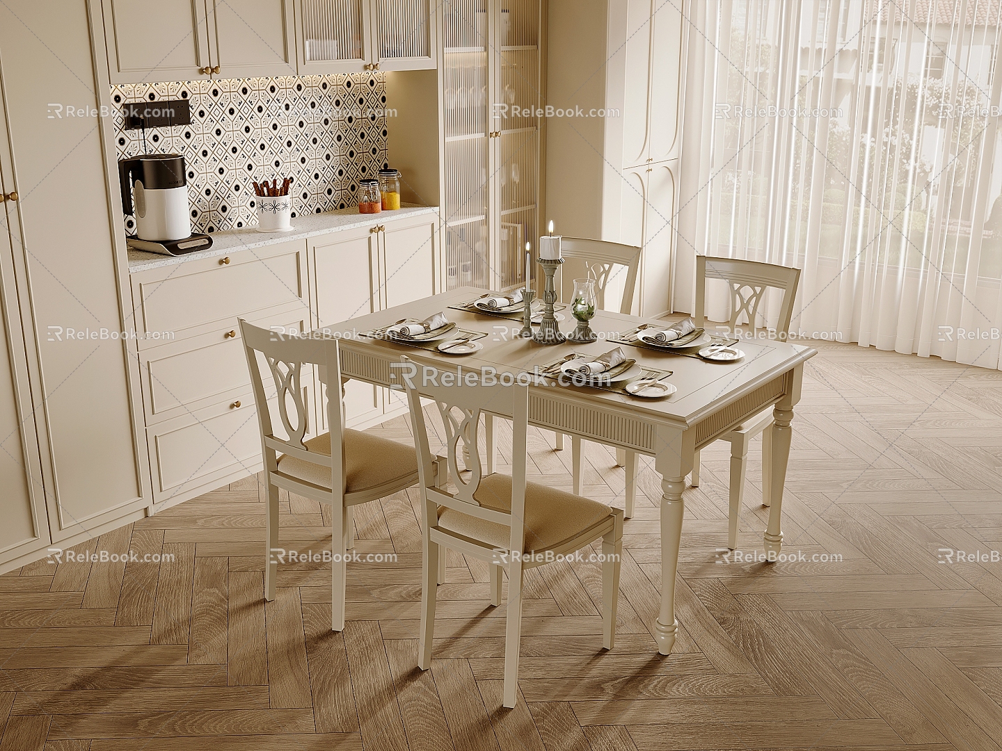 French Cream Style Restaurant Dining Table and Chair Wine Cabinet Window Screen 3d model